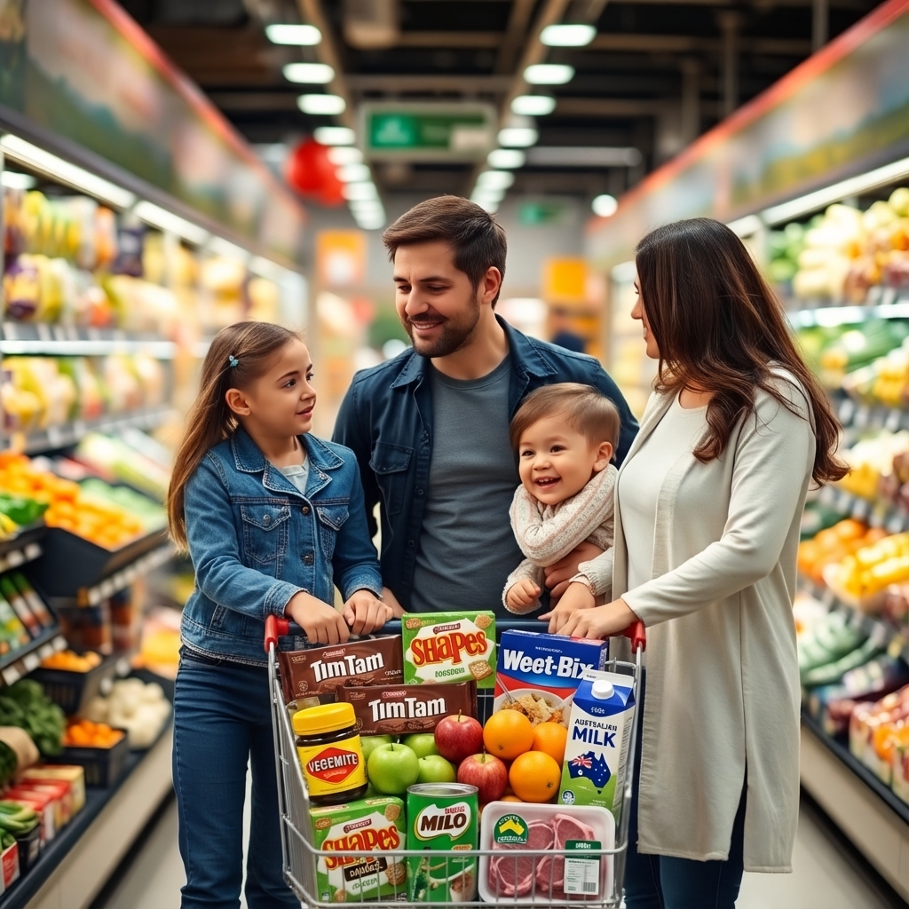 Family shopping together in supermarket with healthy produce